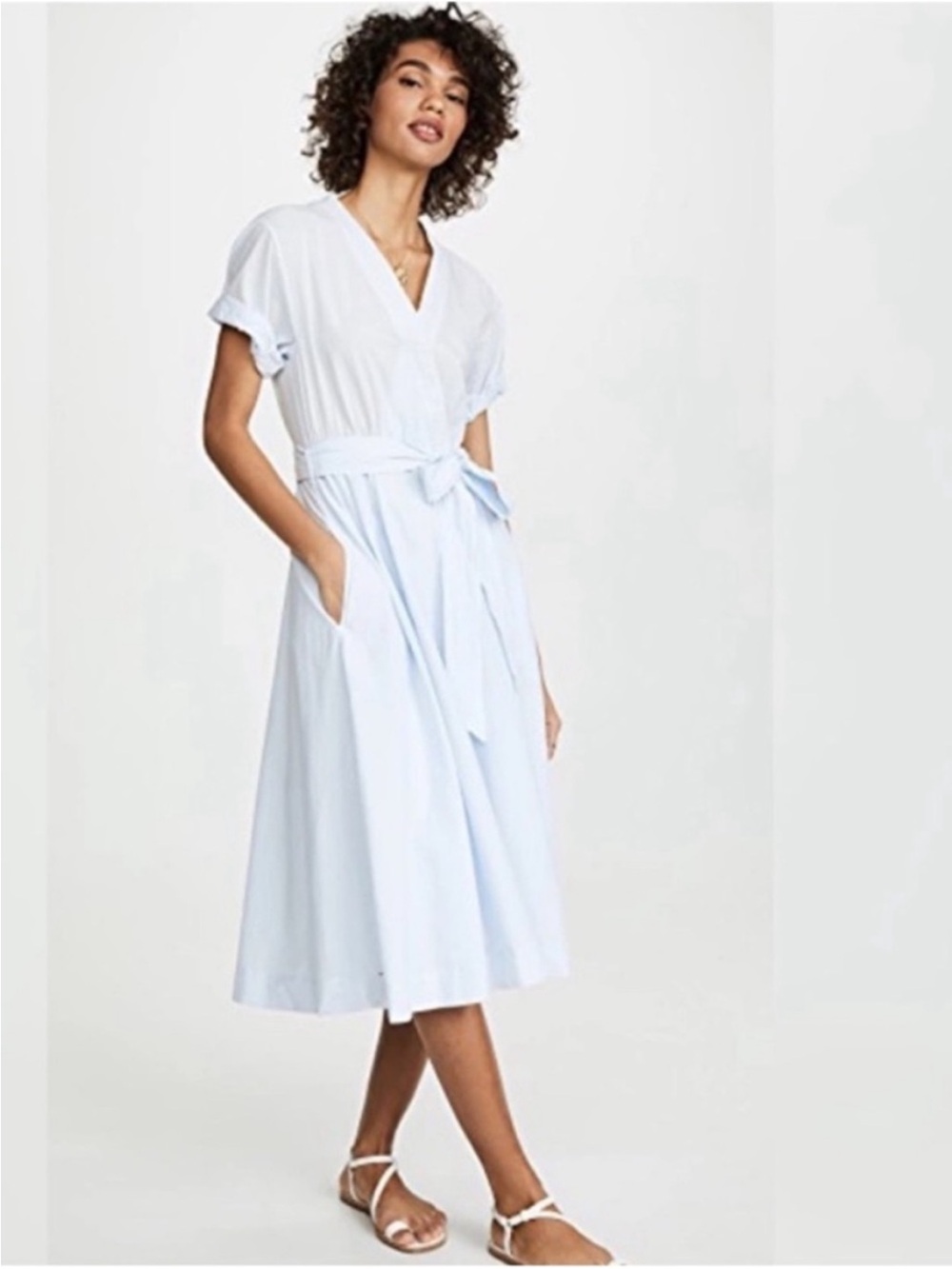 XiRENA Winslow Light Blue Tie-Waist Poplin Midi Dress Sz S